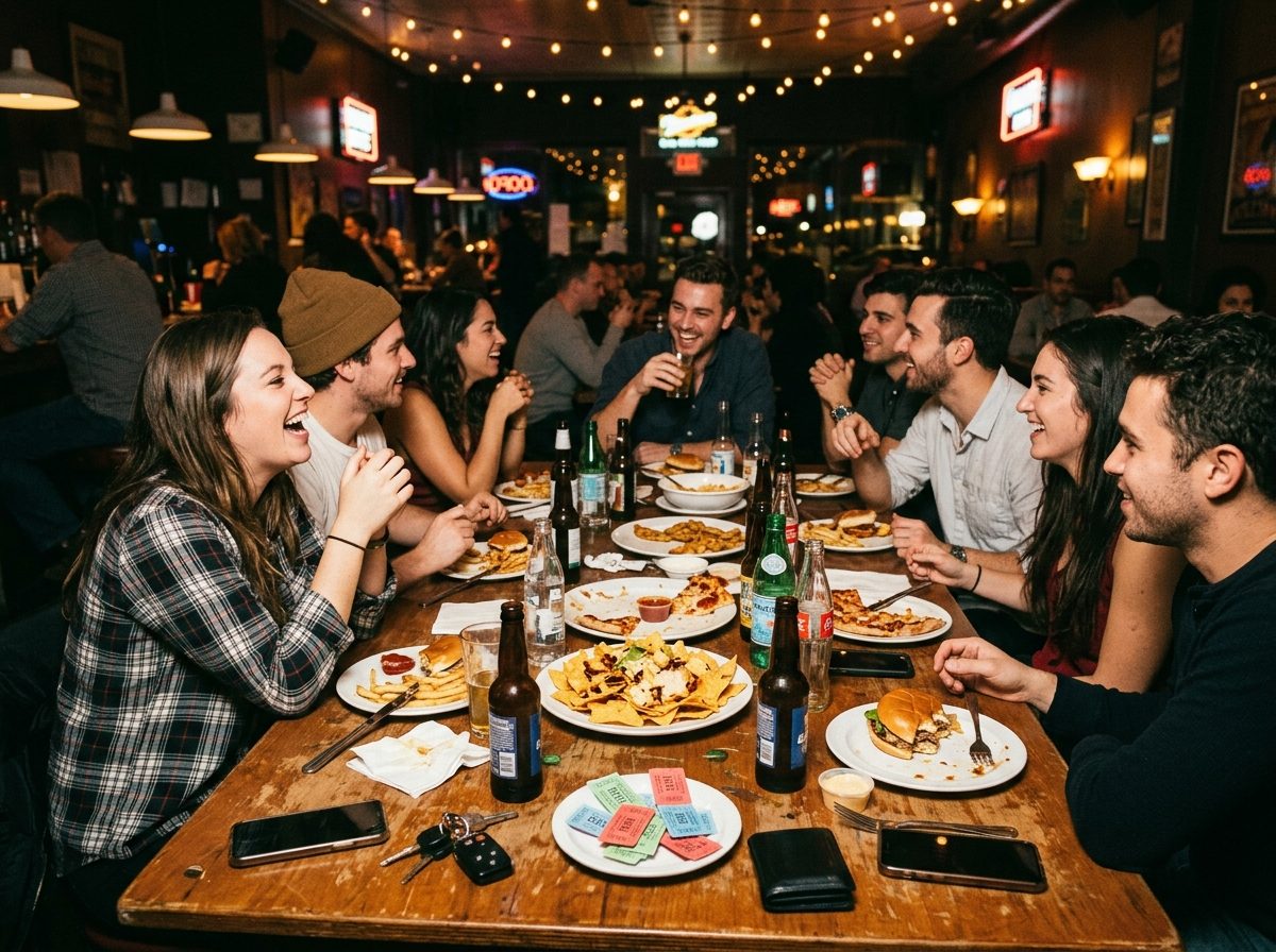 A big group around a table at a bar after a show