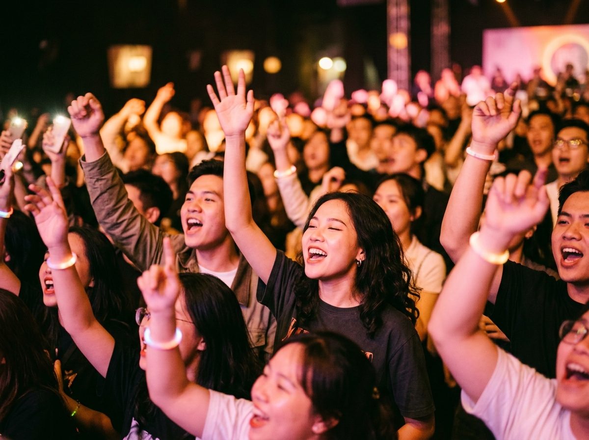Fans singing along with their hands in the air