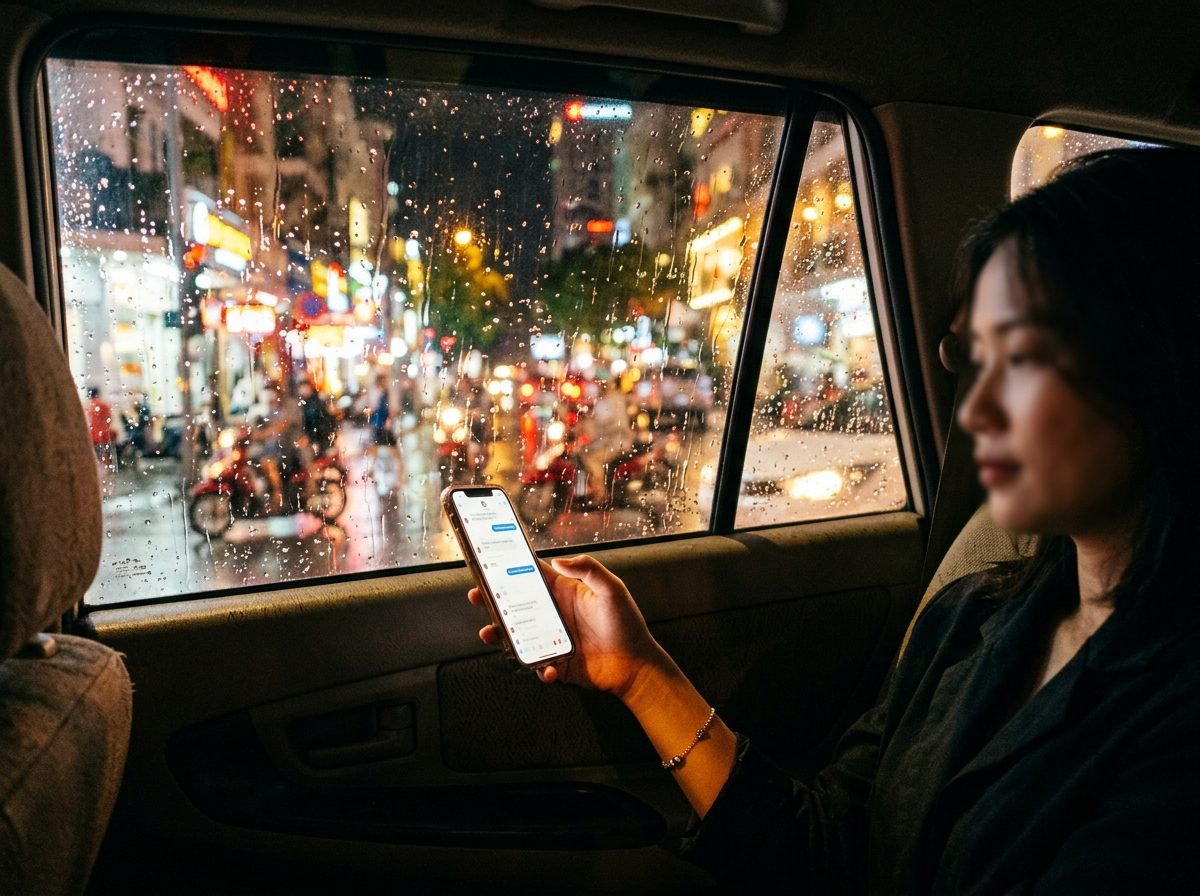 Someone in a taxi at night looking at their phone, city lights outside
